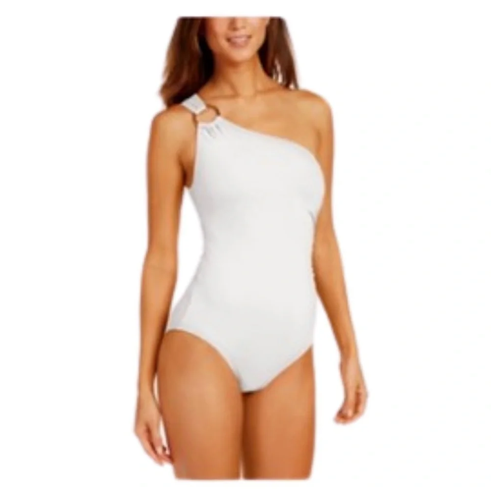 Michael Kors Women White Embellished One-Shoulder One-Piece Swimsuit Size US 16